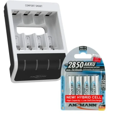 Abbildung von Ansmann Comfort Smart AA &amp; AAA Akku Ladegerät mit 4 x 2850 mAh Batterien Schnellladung schneller Kapazitätsprüfung inkl. 1 m USB Kabel 3 Jahre Garantie, Weiß (1001 0092 02)