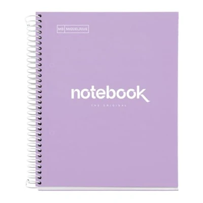 Abbildung von Miquelrius Notizbuch A5 Notebook, 1 farbiger Streifen, 80 Blatt mit raster 5 x mm, Papier 90 g/m² mikroperforiert 2 Bohrungen für Ringe, Einband aus Karton, Farbe Lavendel