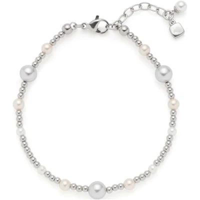Abbildung von JEWELS BY LEONARDO Armband Elsana, Arm Schmuck aus silberfarbenem Edelstahl, Imitationsperlen in Weiß, Creme und Hellgrau, 18 21 cm Länge, Damen, 024334