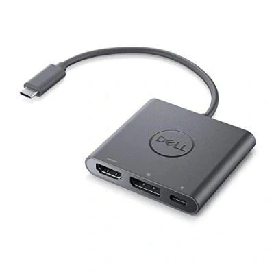 Abbildung von Dell flacher 3 in 1 USB C Adapter, mit Stromdurchführung (USB an HDMI Display Port, weiblich, männlich, (nur Spannung) 4K Unterstützung) Schwarz