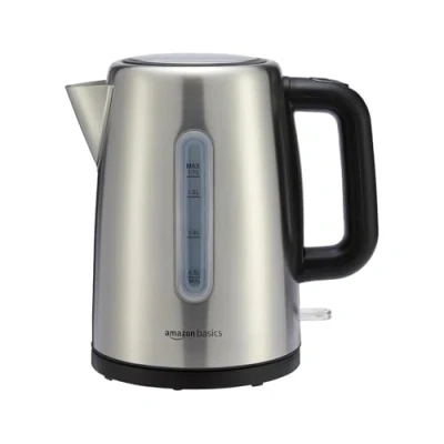 Abbildung von Amazon Basics tragbarer Edelstahl Wasserkocher, 1.7L, Silberfarben
