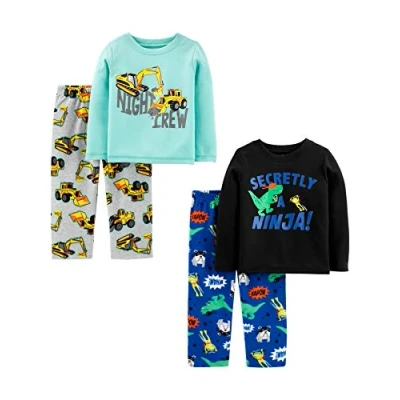 Abbildung von Simple Joys by Carter&#039;s Jungen 4 Piece Pajama Set (Cotton Top &amp; Fleece Bottom) Pyjamaset, Aquablau Lkws/Grau Konstruktion/Kobaltblau/Schwarz, 5 Jahre