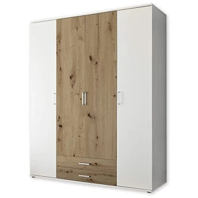 Abbildung von MARBURG Kleiderschrank in Weiß, Artisan Eiche Optik Vielseitiger Drehtürenschrank 4 türig für Ihr Schlafzimmer 160 x 196 54 cm (B/H/T)