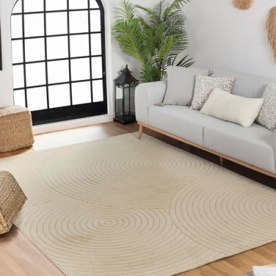 Abbildung von Surya Denver Teppich Wohnzimmer Boho, großer Schlafzimmer 120x170 cm für Esszimmer mit geometrischem Muster, Skandinavischer Wohnzimmerteppich modern in Sesam