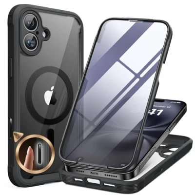 Abbildung von Miracase 360 Grad für iPhone 16 Hülle mit Magsafe, Eingebaut Glas Schutzfolie, Komplettschutz HandyHülle Magnetisch Stoßfest Case Schutzhüllen 6,1 Zoll, Schwarz