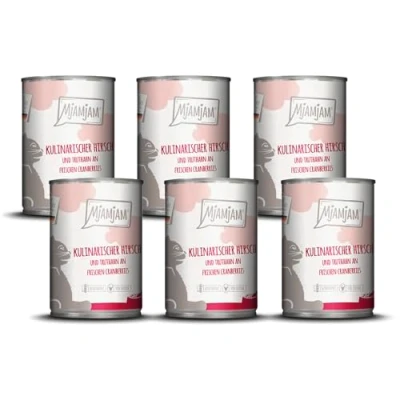 Abbildung von MjAMjAM Premium Nassfutter für Katzen kulinarischer Hirsch und Truthahn an frischen Cranberries, 6er Pack (6 x 400 g), getreidefrei mit extra viel Fleisch