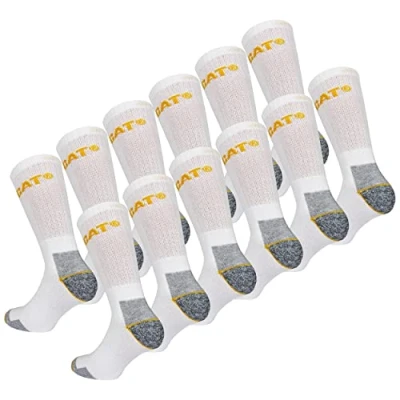 Abbildung von Caterpillar 12 Paar Arbeitssocken Mid Calf Wadenhöhe Sicherheitsschuhe Verstärkte Fersenzehen Frottee Baumwolle (Weiß, 46 50)