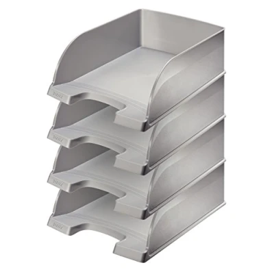 Abbildung von Leitz Briefkorb A4 Jumbo, 4er Pack, Briefablage mit extra großem Fassungsvermögen in Premium Qualität, Stapelbare Ablagefächer als Schreibtisch Organizer, Kombinierbar Plus Serie, Silber, 52330084