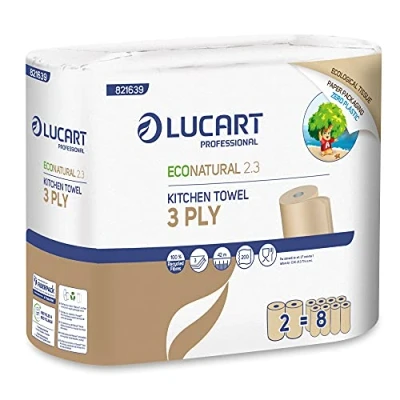 Abbildung von Lucart Professional, EcoNatural 2.3, Fiberpack Küchentuch, Ideal für professionelle und Büroumgebungen, 2 Rollen à 200 Blatt, 23x21 cm, Packung mit 12