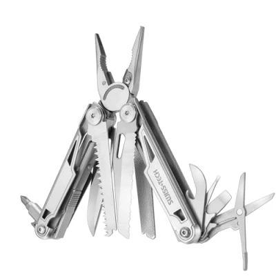 Abbildung von Swiss+Tech Multifunktionszange 16 in 1, Mulitool Faltbare Multifunktionale Zange, Edelstahl, mit Schere, Messer, Säge, Flaschenöffner, Schraubendreher für Camping, Outdoor, Reparieren, Tragtasche
