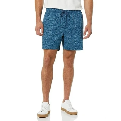 Abbildung von Amazon Essentials Herren Shorts mit Kordelzug und 15 cm Innenbeinlänge, Indigo Marineblau Palm Trees, XS