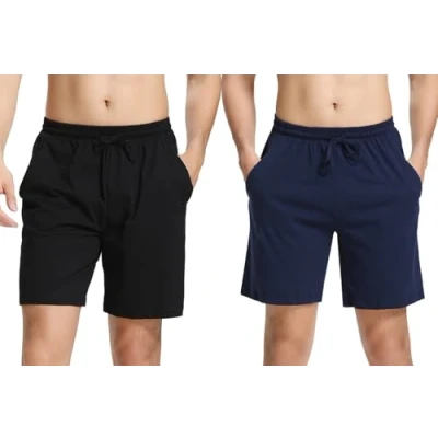 Abbildung von Aseniza Herren Schlafanzughose Kurz Baumwolle Bermuda Schlafshorts Pyjamahose Shorty Sommer Sleephose Freizeithose für Männer,A Schwarz+Blau,M