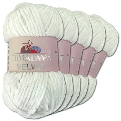 Abbildung von Wohnkult Himalaya 5 x 100 g Velvet Dolphin Wolle 40 Farben zur Auswahl Chenille Strickgarn Glanz Flauschgarn Accessoire Kleidung (90063 Weiß)