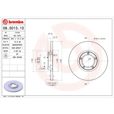 Abbildung von BREMBO 08.5013.10 Bremsscheibe 254 14,3 5 voll FORD: Transit Mk3 Kastenwagen