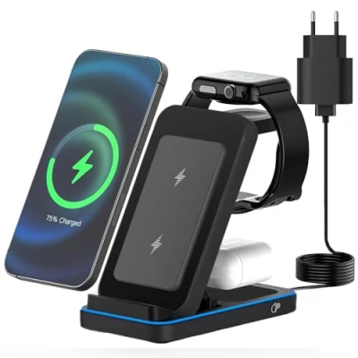 Abbildung von JOEAIS 3 in 1 Induktive Ladestation, Wireless Charger für Apple Geräte mit Adapter, 15W Max Fast Multifunktions Handy Kabelloses Ladegerät iPhone/Samsung/Apple Watch/Apple Ohrhörer (Schwarz)