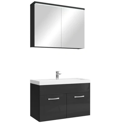 Abbildung von Badezimmer Badmöbel Set Paso 02 80cm Waschbecken Hochglanz Schwarz Fronten Unterschrank Schrank Spiegelschrank