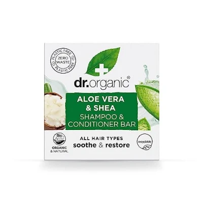 Abbildung von Dr Organic Aloe Vera &amp; Shea Shampoo Conditioner Bar, Beruhigend, Für alle Haartypen, NEU, Plastikfrei, Natürlich, Vegan, Tierversuchsfrei, Paraben SLS frei, Bio, 75g