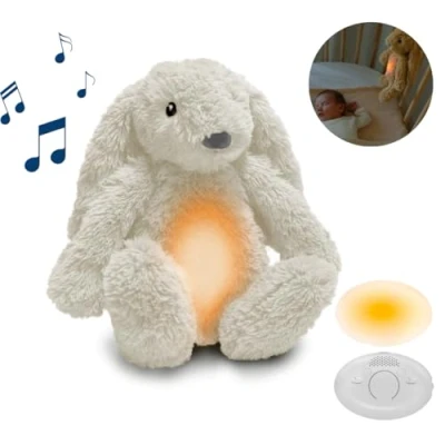 Abbildung von ZAZU Ro der Hase Baby Schlafhilfe mit wiederaufladbarem Akku Nachtlicht in mehreren Farben &amp; beruhigende Geräusche, Weinsensor, Auto Abschaltung und USB C Ladekabel (Weiß)