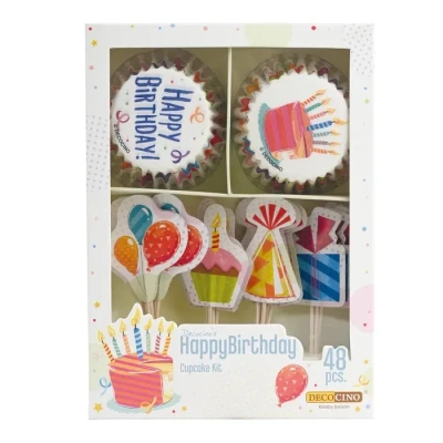 Abbildung von DECOCINO Muffin Set Happy Birthday 48 tlg. 24 Cupcake Förmchen mit Ø 5 cm &amp; Topper aus Papier, ideale Deko für Kinder Geburtstage