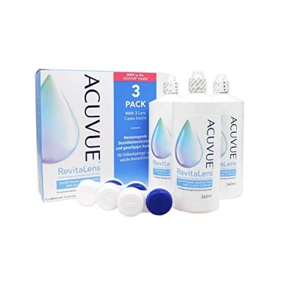 Abbildung von ACUVUE RevitaLens MPDS Pflegemittel und Reiniger für weiche Kontaktlinsen mit antimikrobieller Wirkung Wirkt mehr als 16 Stunden 3 x 360 ml Kombilösung