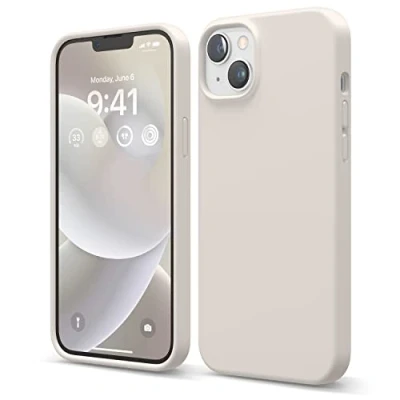 Abbildung von elago Schutzhülle für iPhone 14 Plus, Flüssigsilikon, Ganzkörper Schutzhülle, stoßfest, schlanke Handyhülle, kratzfestes, weiches Mikrofaserfutter, 17 cm (6,7 Zoll), Steinfarben