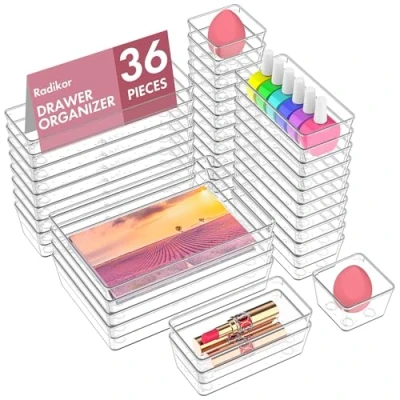 Abbildung von Radikor Schubladeneinsatz Schubladen Organizer 36 Stück Schminktisch in 4 Größen, Drawer Organizer, Make Up Ordnungssystem für Schreibtisch, Büro, Küchen, Bad