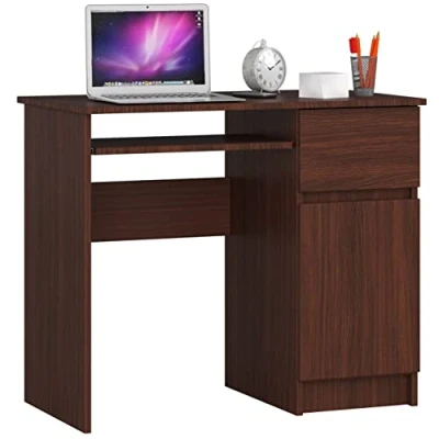 Abbildung von AKORD Piksel Schreibtisch Klein mit Schubladen Computertisch Bürotisch Tastaturablage Schublade und Fach Tür Holz Deko B90 x H77 T50 cm 30 kg Schrank Rechts Farbe: Wenge