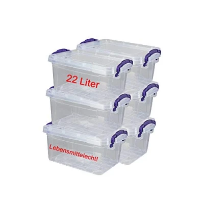 Abbildung von DIES&amp;DAS 6er Set stapelbare Aufbewahrunsboxen Lagerboxen mit Deckel/Klickverschluss u. Griffen 22 L Lebensmittelecht