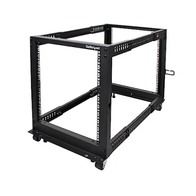 Abbildung von StarTech.com 4 Pfosten 12 HE Mobiles Open Frame Serverrack, 19 Zoll Netzwerk Rack mit Rädern, für Computer/AV/Daten/IT Geräte Rollen, Nivellierfüße oder Bodenmontage (4POSTRACK12U)