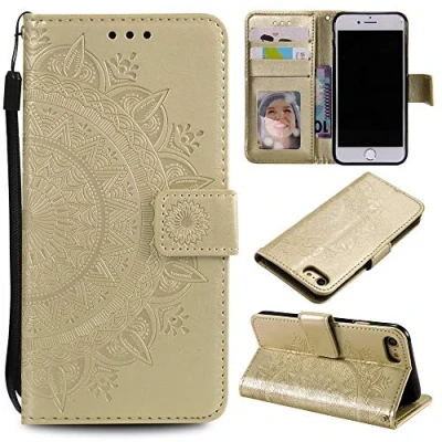 Abbildung von CoverKingz Handy Case kompatibel mit iPhone 7/8/SE [2020/2022] Cover Kartenfach Phonecase Smartphone Hülle klappbar Motiv Mandala Gold