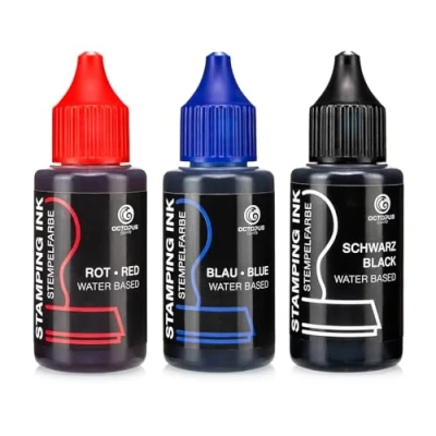 Abbildung von Octopus Stempelfarbe für Stempelkissen und Selbstfärber ohne Öl, Stempeltinte Schwarz, Blau, Rot, 3x 30 ml