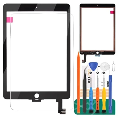 Abbildung von Ersatz Touchscreen Digitizer Glas für iPad 6 Air 2 A1566 A1567, inkl. gehärteter Folie, Kleber und Werkzeug, kein LCD Bildschirm, Schwarz