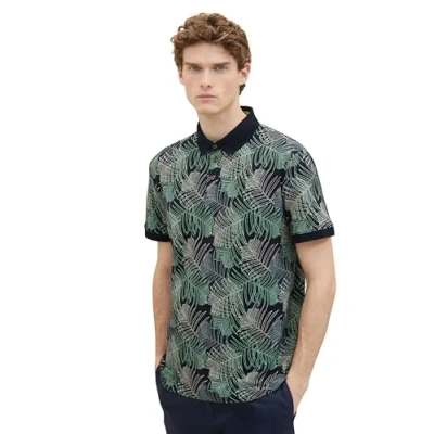 Abbildung von TOM Tailor MIT Allover Print Poloshirt, Herren, Größe: Large, Navy multicolor leaf design