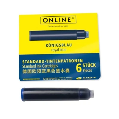 Abbildung von ONLINE Standard Tintenpatronen, universelle Füller Tinte, kompatibel mit allen gängigen Füllern, Ersatz Patronen für Füllhalter und Rollerball, 6 Stück, Farbe königsblau, löschbar