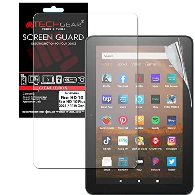 Abbildung von TECHGEAR Displayschutz Kompatibel mit Neue Amazon Fire HD 10 / Plus Tablette (2021 11. Generation) Ultra Klare Schutz folie Reinigungstuch + Applikationskarte