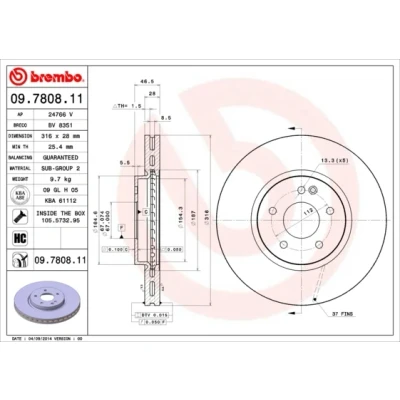 Abbildung von BREMBO COATED DISC LINE 09.7808.11 Bremsscheibe 316 28 5 innenbelüftet beschichtet hochgekohlt mit Schrauben MERCEDES BENZ: C Klasse Limousine
