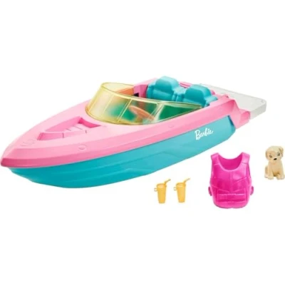 Abbildung von Barbie Speedboat, rosa Schwimmweste, rosa, blaues und weißes Boot, Welpe, Accessoires, Puppen, Geschenk für Kinder, Spielzeug ab 3 Jahre,GRG29