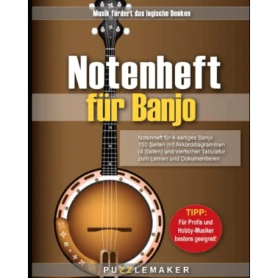 Abbildung von Notenheft für 4 saitiges Banjo: 150 blanko Seiten mit Akkorddiagrammen (4 Saiten) und vierfacher Tabulatur zum Lernen Dokumentieren
