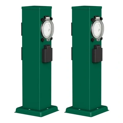 Abbildung von ledscom.de 2 Stück Garten Steckdosensäule Polly für außen, IP44, Timer/Zeitschaltuhr, 3 Fach, Edelstahl, grün, eckig, 38 cm