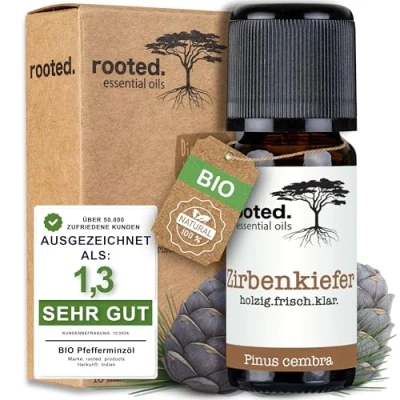 Abbildung von rooted.® BIO Zirbenkieferöl 10ml [100% NATURREIN] Echter Tiroler Zirbelkiefer Pinus cembra Ätherisches Öl für Aromatherapie, Duftlampe, Diffusoren, Raumduft, Duftkerzen und Seifen