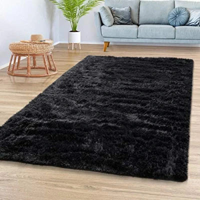 Abbildung von TT Home Teppich Wohnzimmer Hochflor Langflor Weich Soft Modernes Einfarbiges Design, Farbe: Schwarz, Größe:200x290 cm