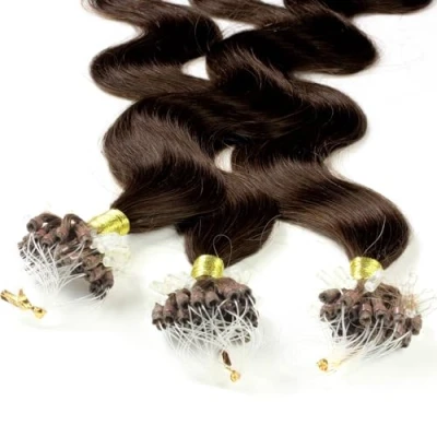 Abbildung von hair2heart Microring Extensions Echthaar Gewellt 25 Strähnen 1g 60cm 6/3 dunkelblond gold