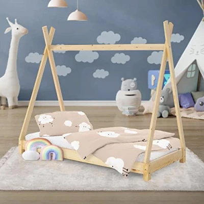 Abbildung von ML DESIGN Kinderbett Kinderhaus mit Lattenrost aus Massivholz für Mädchen und Jungen, Hausbett 70x140 cm Natur Kiefernholz Jugendbett Bettenhaus