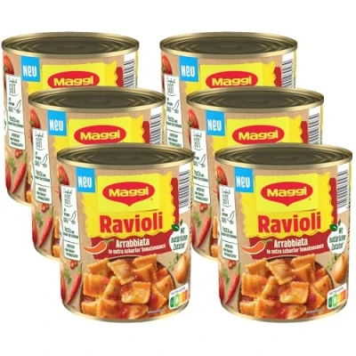 Abbildung von MAGGI Ravioli Arrabbiata, in extra scharfer Tomatensauce, Teigtaschen gefüllt mit würzigem Fleisch, leckeres Fertiggericht, ideal für Camping, 6er Pack, (6 x 800g)