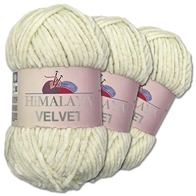 Abbildung von Wohnkult Himalaya 3 x 100 g Velvet Dolphin Wolle 40 Farben zur Auswahl Chenille Strickgarn Flauschwolle Glanz Accessoire Kleidung Decken (90008 Vanille)