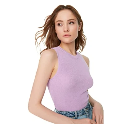 Abbildung von Trendyol Damen Runder Kragen krebsstrick bluse Blouse, Lila, L EU