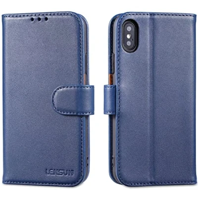 Abbildung von LENSUN Echtleder Hülle für iPhone XS, X Handyhülle Flip Cover [Echtes Leder][Kartenfach][RFID Schutz] Handytasche Lederhülle Kompatibel mit X/XS Blau
