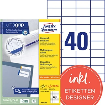 Abbildung von AVERY Zweckform 3651 200 Universal Etiketten (8.000 plus 800 Klebeetiketten extra, 52,5x29,7mm auf A4, Papier matt, individuell bedruckbar, selbstklebende Aufkleber mit ultragrip) 220 Blatt, weiß