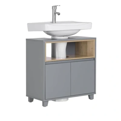 Abbildung von SoBuy Waschbeckenunterschrank mit 2 Türen und 1 Fach Aufbewahrungsschrank für Bad Badezimmerschrank offenen Fächern Waschtisch Unterschrank Dunkelgrau BHT ca. 60x61x30cm BZR148 DG
