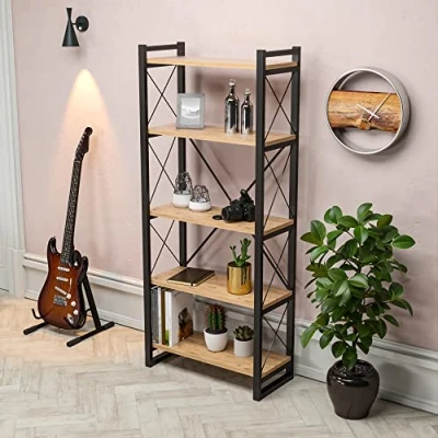 Abbildung von [en.casa] Bücherregal Skørping Standregal mit 5 Ablagen Metallregal 180 x 65 30 cm Holzfarben Schwarz Wohnzimmer Schlafzimmer offenes Regal